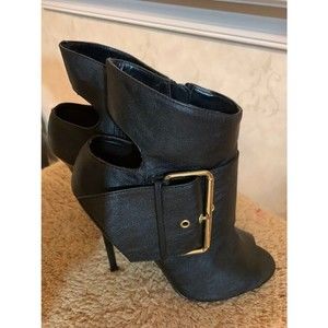 Paper Fox Sari Black Faux Leather Spiked Heels with Buckle Size 7.5